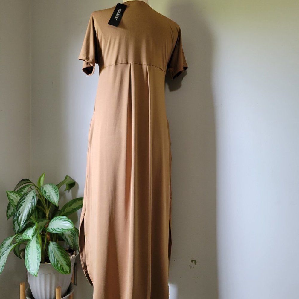 NWT HUSKARY TAN SLIT SIDE MAXI SHIRT DRESS V NECK S/M - Picture 5 of 16
